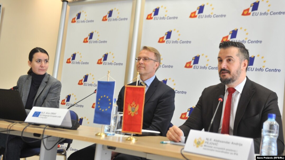 Istraživanje predstavili Ambasador EU u Crnoj Gori Aivo Orav (lijevo) i ministar za evropske poslove Crne Gore Aleksandar Andrija Pejović