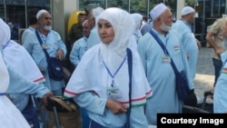 Tajik pilgrims flying to Saudi Arabia for the hajj in September 2014 at Dushanbe's airport.