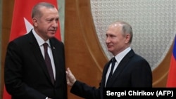 Russian President Vladimir Putin meets with his Turkish counterpart, Recep Tayyip Erdogan, in the Black Sea resort of Sochi on February 14.