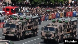 Indian-made Akash air-defense systems are displayed at a military parade in Yerevan, Armenia, in May 