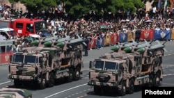 Armenia - Indian-made Akash air-defense systems are demonstrated during a military parade in Yerevan, May 28, 2026.