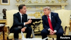 Shefi i NATO-s, Mark Rutte, dhe presidenti amerikan, Donald Trump, gjatë takimit në Shtëpinë e Bardhë. 