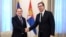 EU enlargement commissioner Oliver Varhelyi (left) met with Serbian President Aleksandar Vucic in Belgrade. 