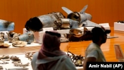 The Saudi military displays what they say are an Iranian cruise missile and drones used in recent attack on its oil industry at Saudi Aramco's facilities in Abqaiq and Khurais, during a press conference in Riyadh, September 18, 2019