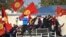 People protest during a rally against the results of a parliamentary vote in Bishkek on October 5. 