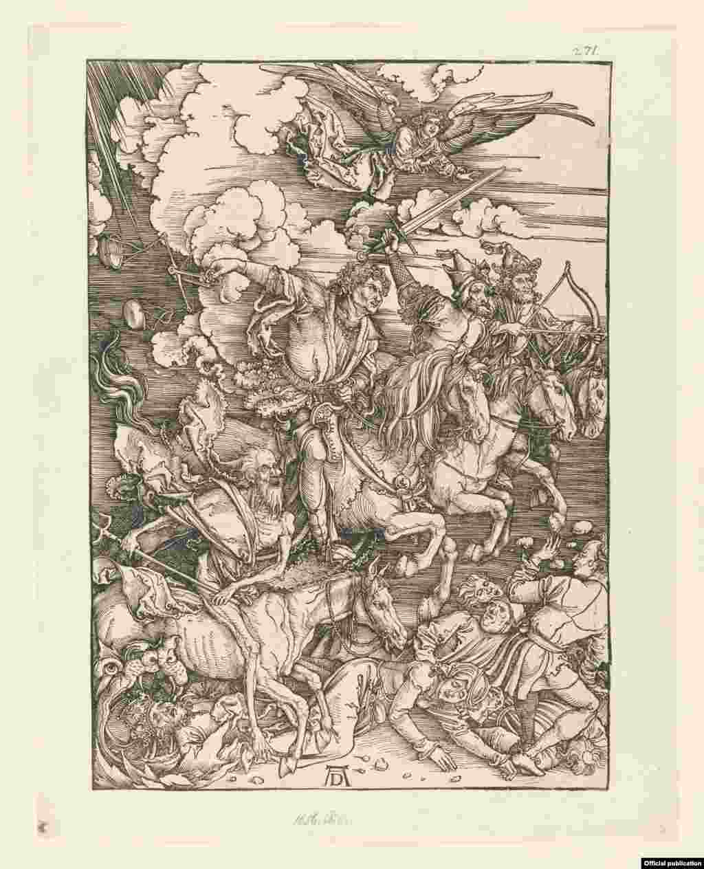 Cei patru cavaleri ai Apocalipsului, figura 3 din &bdquo;Apocalips&rdquo;, 1497/98 (Muzeul Național German, N&uuml;remberg)