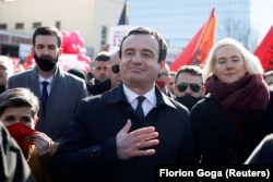 Albin Kurti at his final campaign rally in Pristina on February 12
