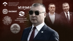 Президенттин иш башкаруучусу Каныбек Туманбаев. Артында президент Садыр Жапаров жана Туманбаев. "Азаттыктын" коллажы.