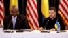 U.S. Defense Secretary Lloyd Austin (left) and Ukrainian President Volodymyr Zelenskiy attend a meeting of the Ukraine Defense Contact Group at the Ramstein Air Base in Germany on September 6.