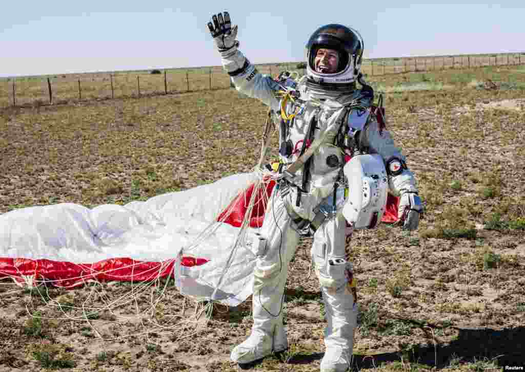 Baumgartner landed more than 60 kilometers from where he took off.