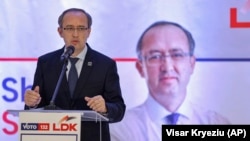 Kosovar Prime Minister Avdullah Hoti addresses supporters at an electoral rally in Podujevo on February 8.