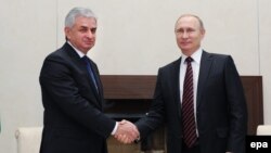 Abkhaz leader Raul Khajimba (left) meets with Russia's Vladimir Putin in February, (Russia recognized Abkhazia as an independent sovereign state in August 2008; only a handful of other countries have followed suit.) 