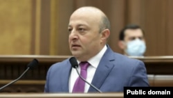 Armenia- Opposition deputy Artur Sargsian speaks during a session of the Armenian parliament.