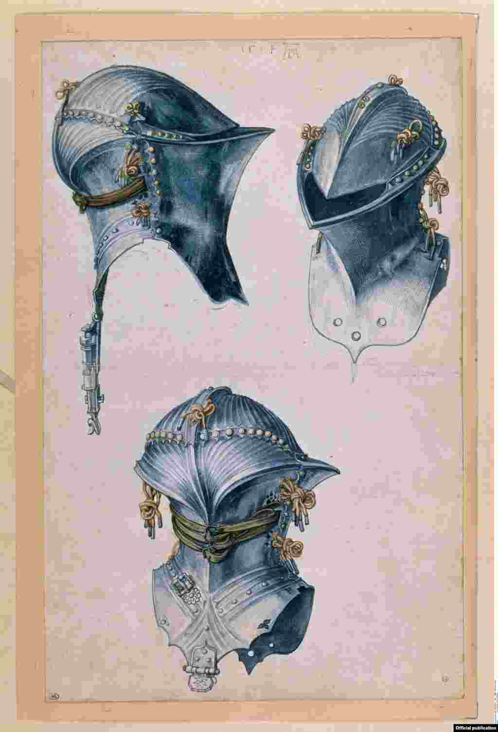 Cască de turnir, trei vederi, c. 1500 (Louvre, Secția de Arte Grafice, Paris)