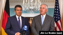 U.S. Secretary of State Rex Tillerson (right) meets with German Foreign Minister Sigmar Gabriel at the State Department in Washington on August 29. 