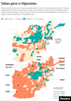 Hartă a zonelor ocupate de milițiile Taliban, 12 august 2021. Evoluția situației din aprilie, înainte de începerea ofensivei taliban, și până astăzi.