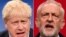 A combination of pictures created in London on November 1, 2019 shows Britain's Prime Minister and Conservative Party leader Boris Johnson (L) and Britain's main opposition Labour Party leader Jeremy Corbyn (R) giving speeches