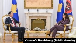Presidentja e Kosovës, Vjosa Osmani në takim me bashkëkryetarin e partisë Guxo, Faton Peci.