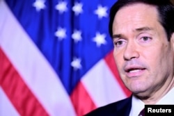 US Secretary of State Marco Rubio speaks reporters at the US Embassy in Rome on May 8.