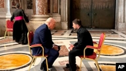US President Donald Trump meets with his Ukrainian counterpart Volodymyr Zelenskyy at Vatican City on the day of the funeral of Pope Francis. (file photo)