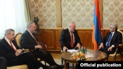 Armenia - President Serzh Sarkisian (R) meets with the OSCE Minsk Group co-chairs in Yerevan, 24May2013.