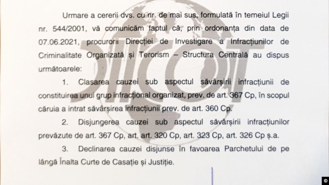 Răspunsul DIICOT la solicitarea Europa Liberă