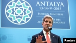 U.S. Secretary of State John Kerry speaks at the NATO foreign minister's meeting in Antalya, Turkey, on May 13.