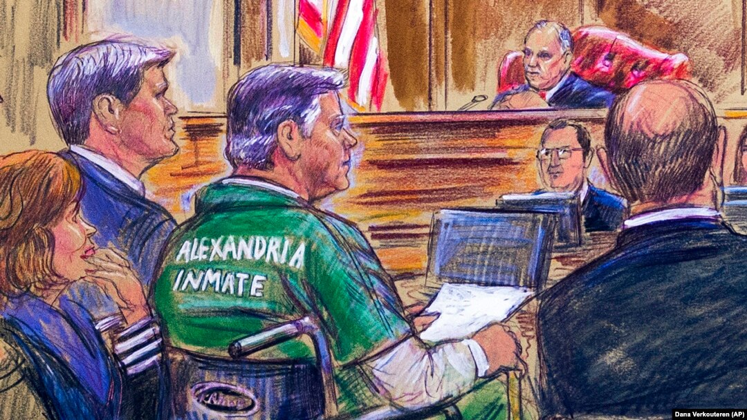 Această ilustrație îl descrie pe Paul Manafort, fostul șef de campanie al președintelui Donald Trump, ascultând sentința de circa 4 ani de închisoare într-un scaun cu rotile