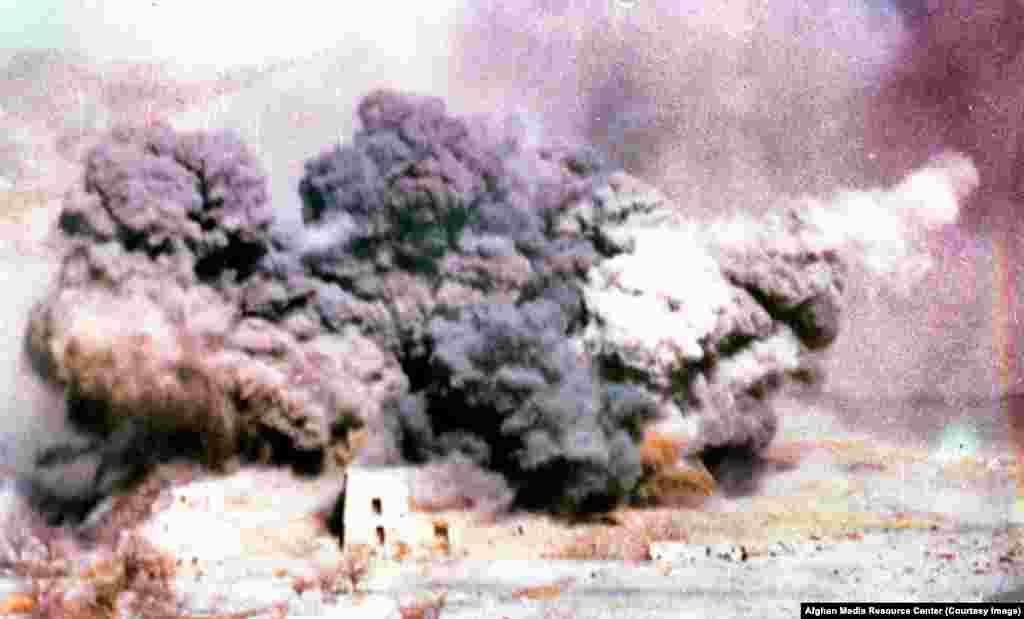 An air strike shatters an Afghan village. Much of the fighting was a brutal back-and-forth with mujahedin ambushes on Soviet convoys followed by Soviet aircraft wiping out villages near the sites of the attacks.