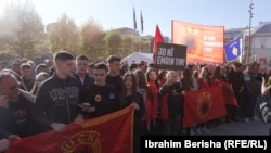 Protesters rally in front of Kosovo's parliament on October 5 ahead of a vote on a law that sharply restricts the jurisdiction of the Hague-based Kosovo Specialist Chambers. 