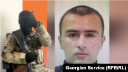 On October 21, 2020, a masked gunman wearing military fatigues took 43 people hostage at a branch of the Bank of Georgia in the western city of Zugdidi. Georgia's Interior Ministry identifies the suspect as Badri Esebua (right). (composite photo)