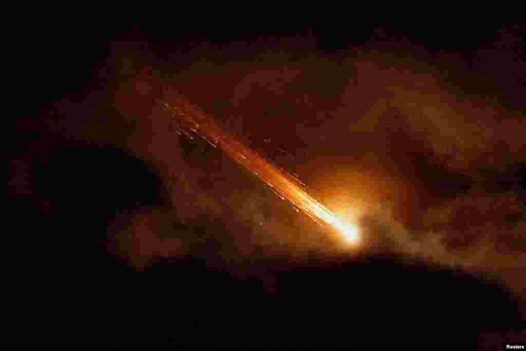 A projectile streaking through the skies above Ashkelon, Israel, on March 28.