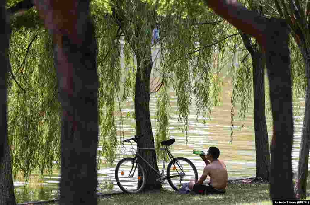 Un bărbat se răcorește cu o bere lângă lacul din Parcul Alexandru Ioan Cuza din București.