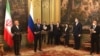 Mohammad Javad Zarif (L) of Iran in Moscow, in a joint press conference with Russian foreign minister Sergei Lavrov. 16 Jun 2020