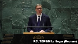 Predsednik Srbije Aleksandar Vučić tokom obaćanja ne 79. sednici Generalne skupštine Ujedinjenih nacija, Njujork, SAD, 24. septembar 2023.