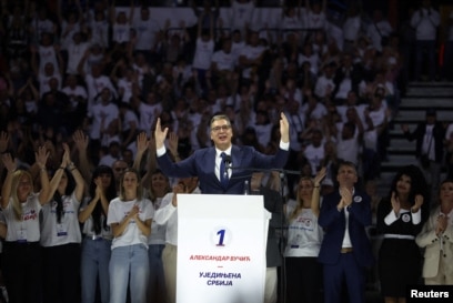 Aleksandar Vuçiq në tubimin zgjedhor të Partisë Progresive Serbe në Beograd, 3 tetor 2026.