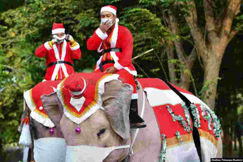 Elefántokat öltöztettek Mikulásjelmezbe Thaiföldön. Így próbálták meg ösztönözni a gyerekeket a maszkviselésre az ünnepek előtt december 23-án.