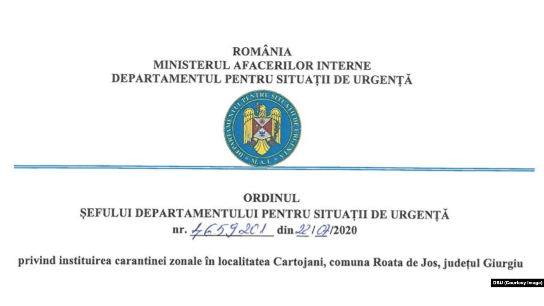Ordonul DSU privind plasarea în carantină a localității Cartojani, Giurgiu