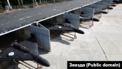 The image shows Geran drones stored near Tsymbulova in Russia's Oryol region.