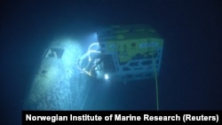 A remotely operated vehicle called Aegir 6000 examines the wreck of the Soviet nuclear submarine Komsomolets on July 10.