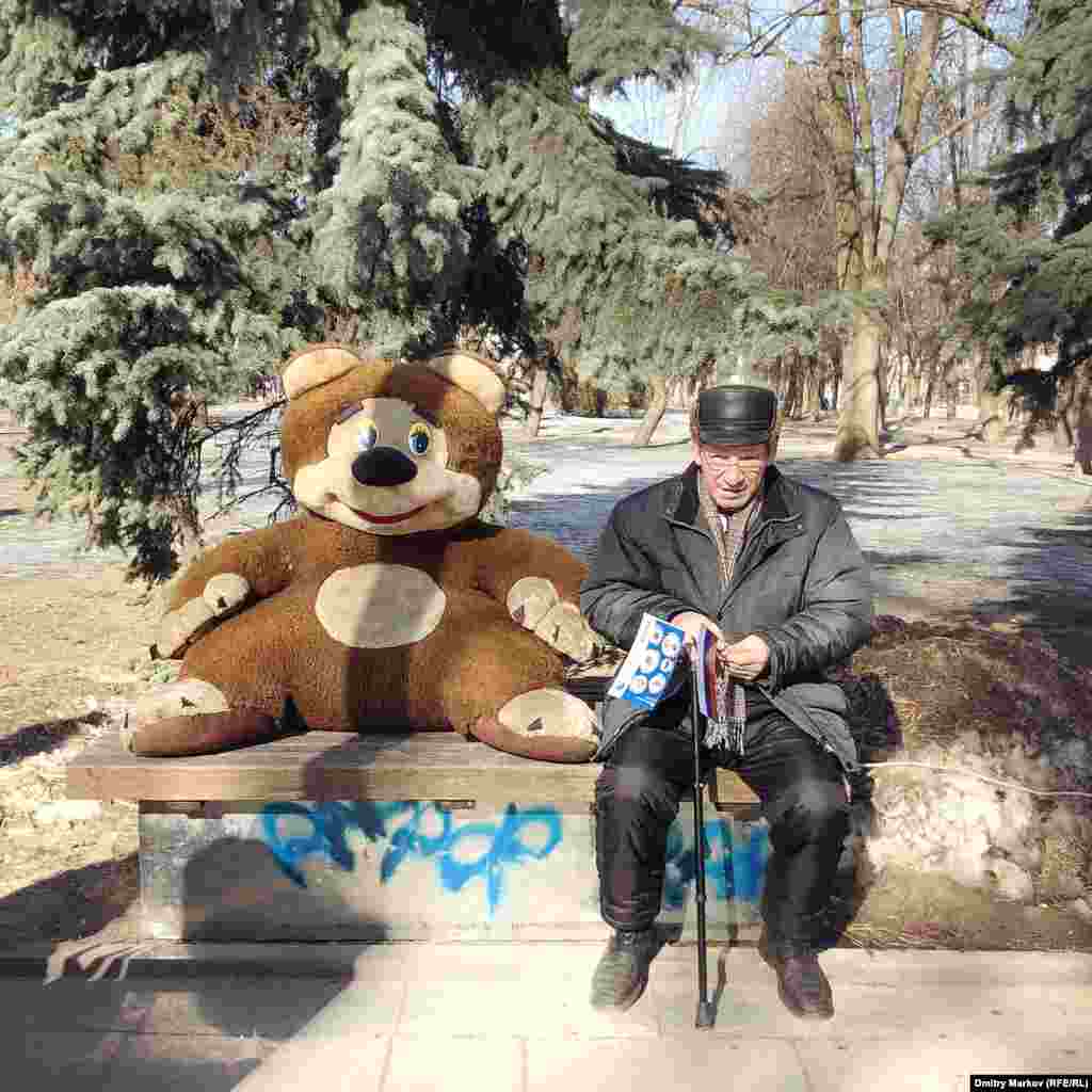 A soft toy with a serious case of bear-spreading, and an early visitor to the Crimea festivities