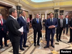 Russian Foreign Minister Sergei Lavrov (second left) attends talks with U.S. Secretary of State Marco Rubio (front right) and members of their delegations at Diriyah Palace in Riyadh on February 18.