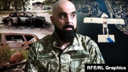 Фотоколаж: військовослужбовець ЗСУ на позивний «Гопри», російський ударний дрон «Молнія», атаковані російськими дронами автівки в Херсоні