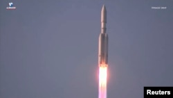 The Angara A5 rocket blasts off from its launchpad at the Vostochny Cosmodrome on April 11.