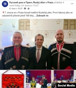 Скриншот публикации в фейсбуке. В центре – глава Русского дома в Праге Игорь Гиренко, слева – глава Всеказачего союза Чешских Земель и Словакии Михаил Дзюба