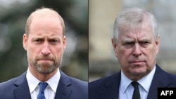 Prințul William, Prinț de Wales, participând la lansarea Memorialului Umanitar Global la Londra, pe 1 octombrie 2025, și Prințul Andrew, Duce de York, participând la slujba de duminică de la Capela Regală a Tuturor Sfinților din Windsor, pe 11 aprilie 2021.