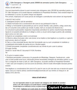 Pe pagina de Facebook dedicată strângerii de semnături pentru candidatura lui Călin Georgescu apare ca persoană de contact Eugen Sechilă.