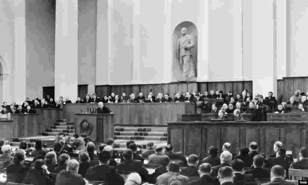 In February 1956, Khrushchev denounced Stalin at the 20th Congress of the Communist Party of the Soviet Union, sending shock waves through the party.