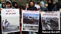 FILE: An anti-Taliban protests by women activists in the capital Kabul on March 2.