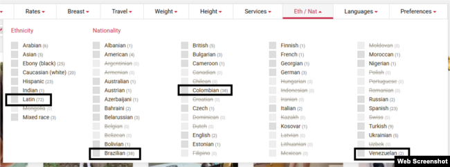 Mbi 70 profile janë të listuara si gra latine që ofrojnë shërbime në Kosovë.
